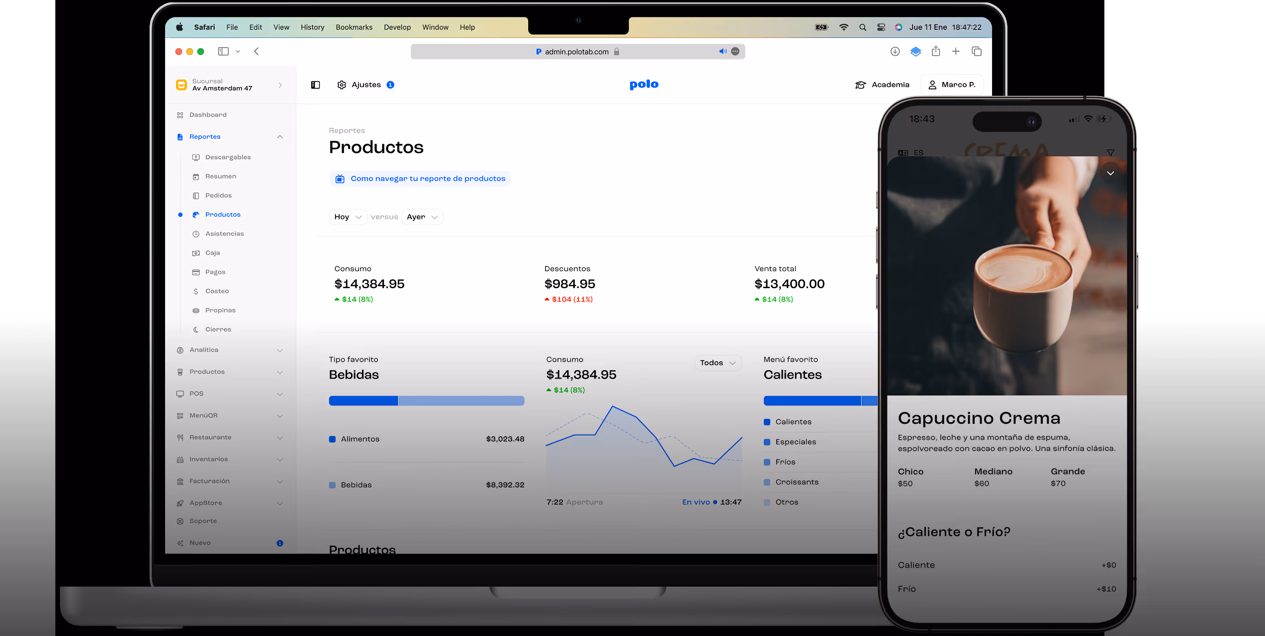 Dashboard administrativo de PoloTab con reportes, inventarios, facturación y gestión multi-sucursales